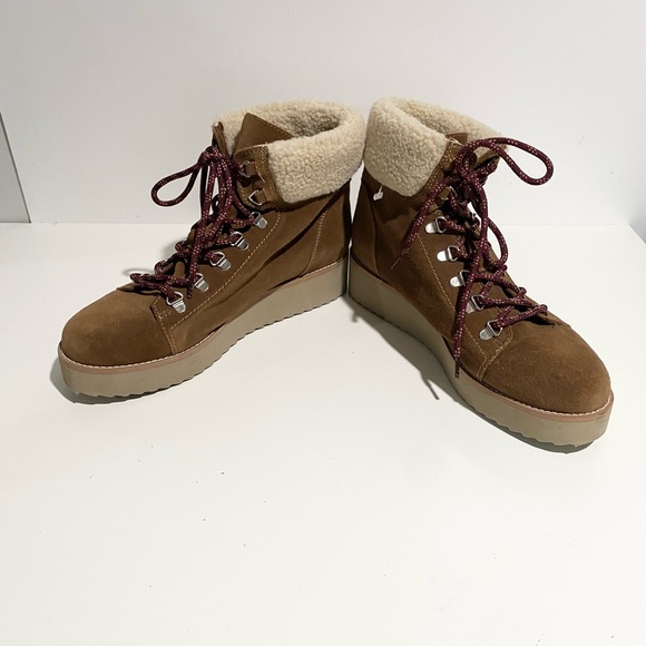 Sam Edelman Faux Shearling Suede Platform Short Boot Franc Toffee - Picture 7 of 10